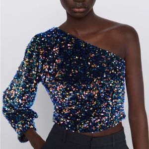 ZARA Sequin One-Shoulder Top M